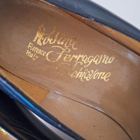 Vintage Ferragamo Black Leather Pumps Heels with Vintage Rhinestone Toe Clips - Picture 9 of 11